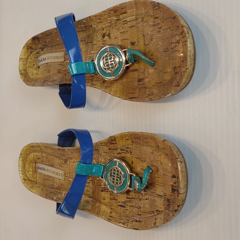 Dana Buchman Blue/Teal Straps Silver Medallion Thong Flat Sandals - Picture 2 of 13